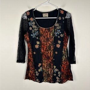 EDISTA Women's Vintage Y2K Sheer Lace Sleeve Embellished Scoop Neck Top Size L